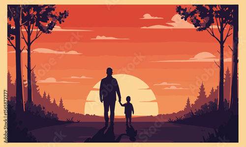 Silhouette of a father walking with his child at sunset. Perfect for Father's Day cards, posters, or parenting blogs