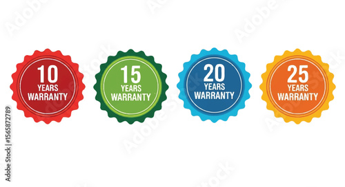 10, 15, 20 and 25 years warranty label badge set on white background