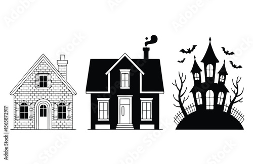 Black and White Illustration Featuring Brick House, Dark House with Smoke, and Spooky Haunted House