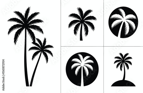 Black and White Palm Tree Silhouettes in Square Frames Tropical Plant Designs