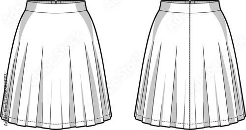 Pleated midi skirt technical fashion sketch front and back view, flat cad drawing vector illustration for garment design template use