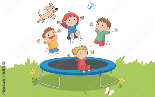 Cartoon Children and Dog Joyfully Jumping on a Blue Trampoline in Green Grassy Yard