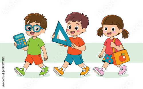Cartoon Children with School Supplies Boy with Calculator, Boy with Ruler, Girl with Bag