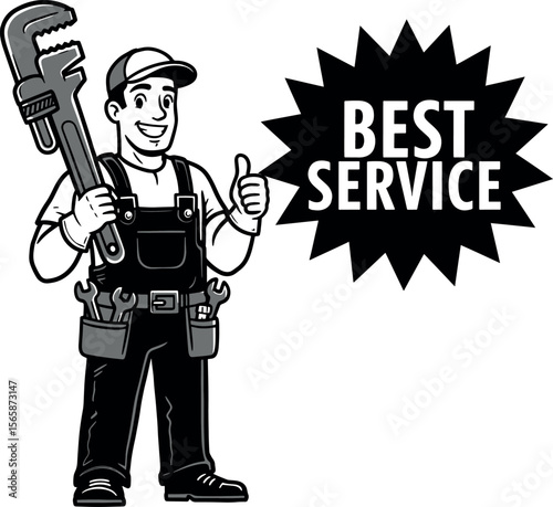 Cartoon Plumber with Pipe Wrench and “Best Service” Sign – Black and White Vector Illustration for Plumbing and Repair Services Advertising

