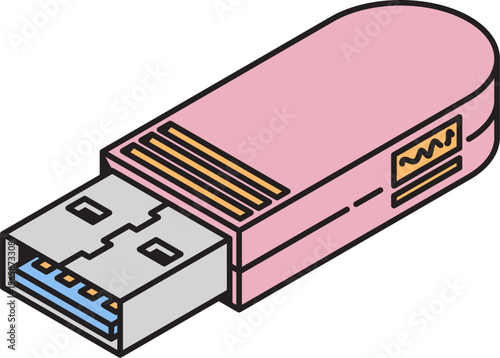 Pink USB Flash Drive Isometric Illustration