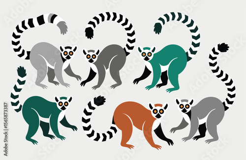 Cartoon Lemurs with Striped Tails Colorful Illustration of RingTailed Lemurs in Gray, Green and Brown