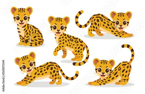 Cartoon Spotted Cat Cubs Set, Illustration of Playful Feline Characters on White