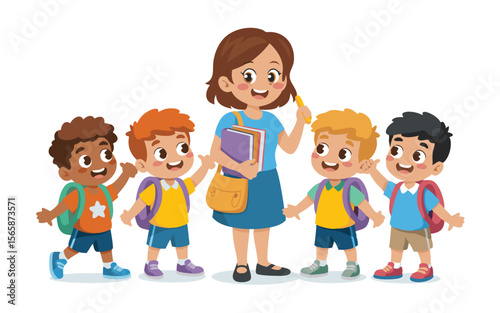 Cartoon Teacher with Pencil and Books Accompanies Elementary School Students Wearing Backpacks