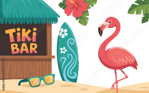 Cartoon Tiki Bar on Beach with Flamingo, Surfboard, Sunglasses, and Hibiscus Flower