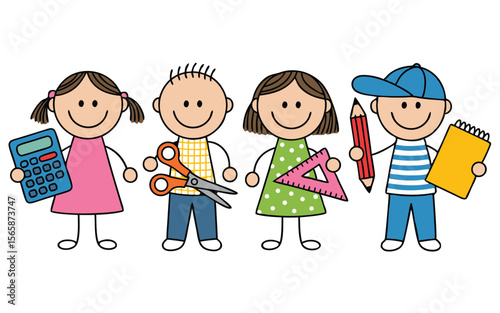 Cheerful Stick Figure Kids Holding School Supplies Calculator, Scissors, Ruler, Pencil and Notepad