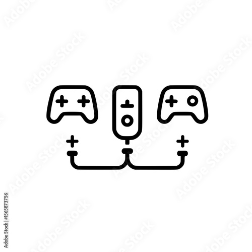 Flat icon of two game controllers connected by cable symbolizing local multiplayer or gaming accessories.