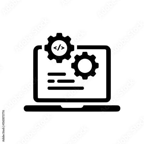 Tech icon of coding screen with cogwheel on a laptop for software configuration or developer interface.