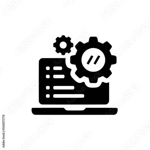 Programmer icon showing developer profile on laptop screen with code and gear symbol for tech or IT concepts.