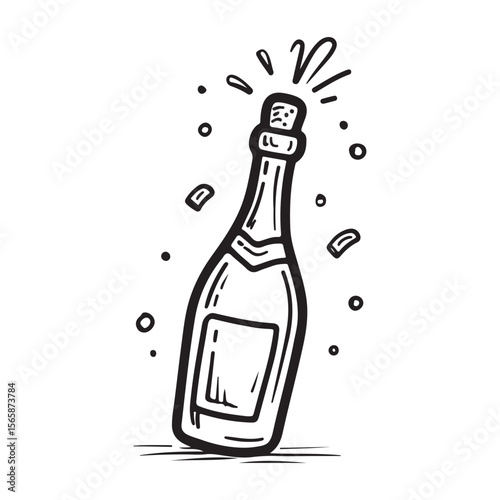 champagne bottle silhouette, champagne bottle vector, Bottle Illustration Graphic Design Element for Celebration, Elegant black and white illustration of a champagne bottle popping with stars 