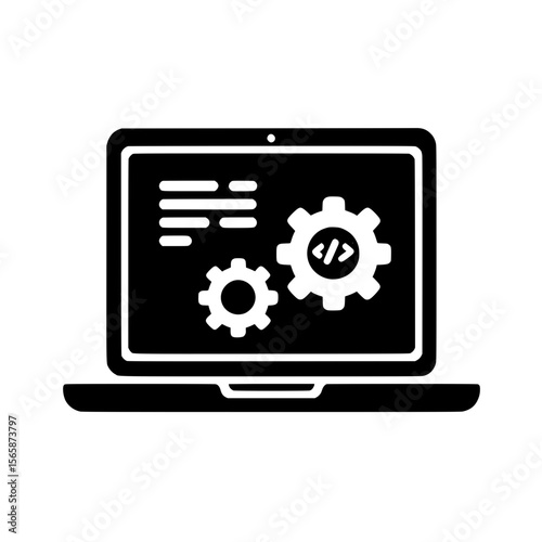 Monochrome icon of a laptop displaying code and gears symbolizing development environment or programming.