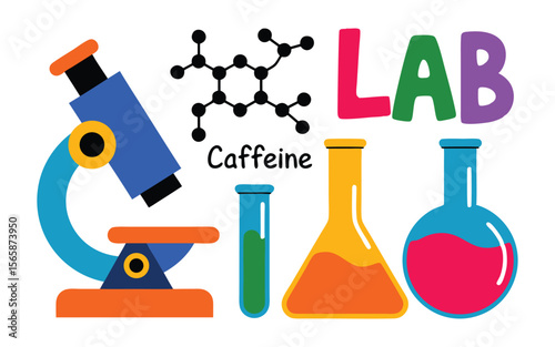 Colorful Cartoon Science Lab with Microscope, Beakers, Caffeine Molecule, and LAB Text