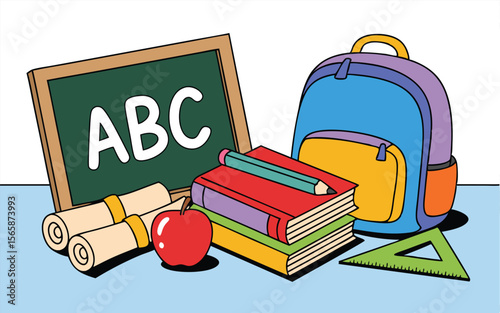Colorful Cartoon Still Life Backpack, Books, Apple, Chalkboard, and Triangle Ruler Illustration