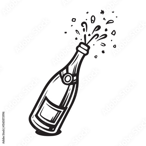 champagne bottle silhouette, champagne bottle vector, Bottle Illustration Graphic Design Element for Celebration, Elegant black and white illustration of a champagne bottle popping with stars 