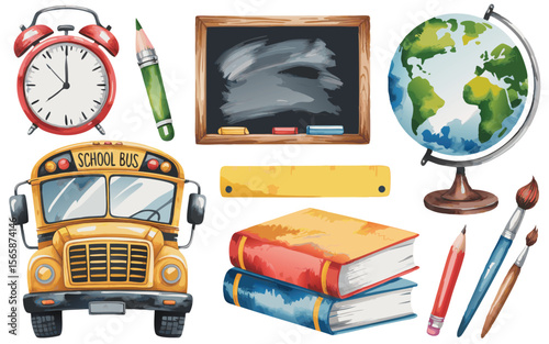 Colorful School Supplies Illustration Featuring a Bus, Globe, Books and More Education Elements