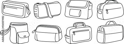 Set of duffle and travel bags technical sketches, minimalist flat vector illustrations for fashion design, luggage blueprint, carry template