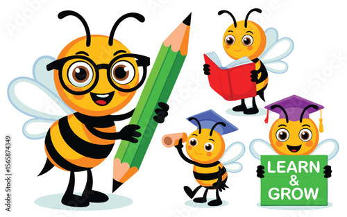 Educated Cartoon Bees Studying, Reading, and Holding Signs for Learning and Growing Up