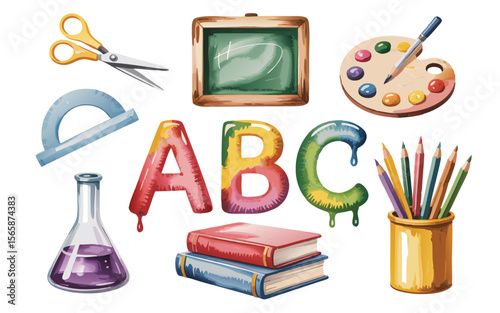 Educational Still Life Illustration ABC Letters, Books, Science Flask, and Art Supplies on White