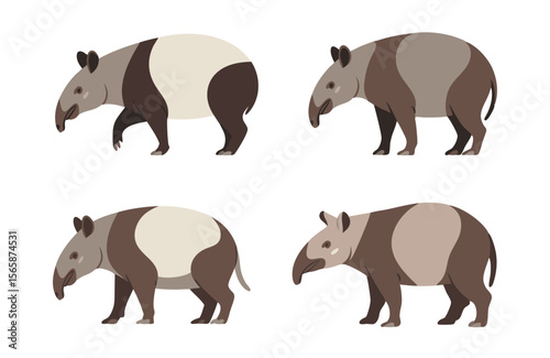 Four Tapirs on a White Background LowPoly, Illustrative Renditions of the Distinct Animals