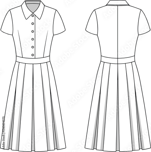 Shirt dress front and back flat sketch, pleated skirt technical cad drawing, short sleeve fashion vector illustration for garment design