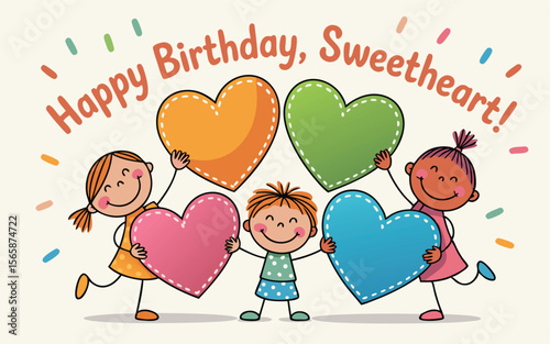 Happy Birthday Sweetheart Cartoon Kids Holding Colorful Hearts with Confetti Illustration
