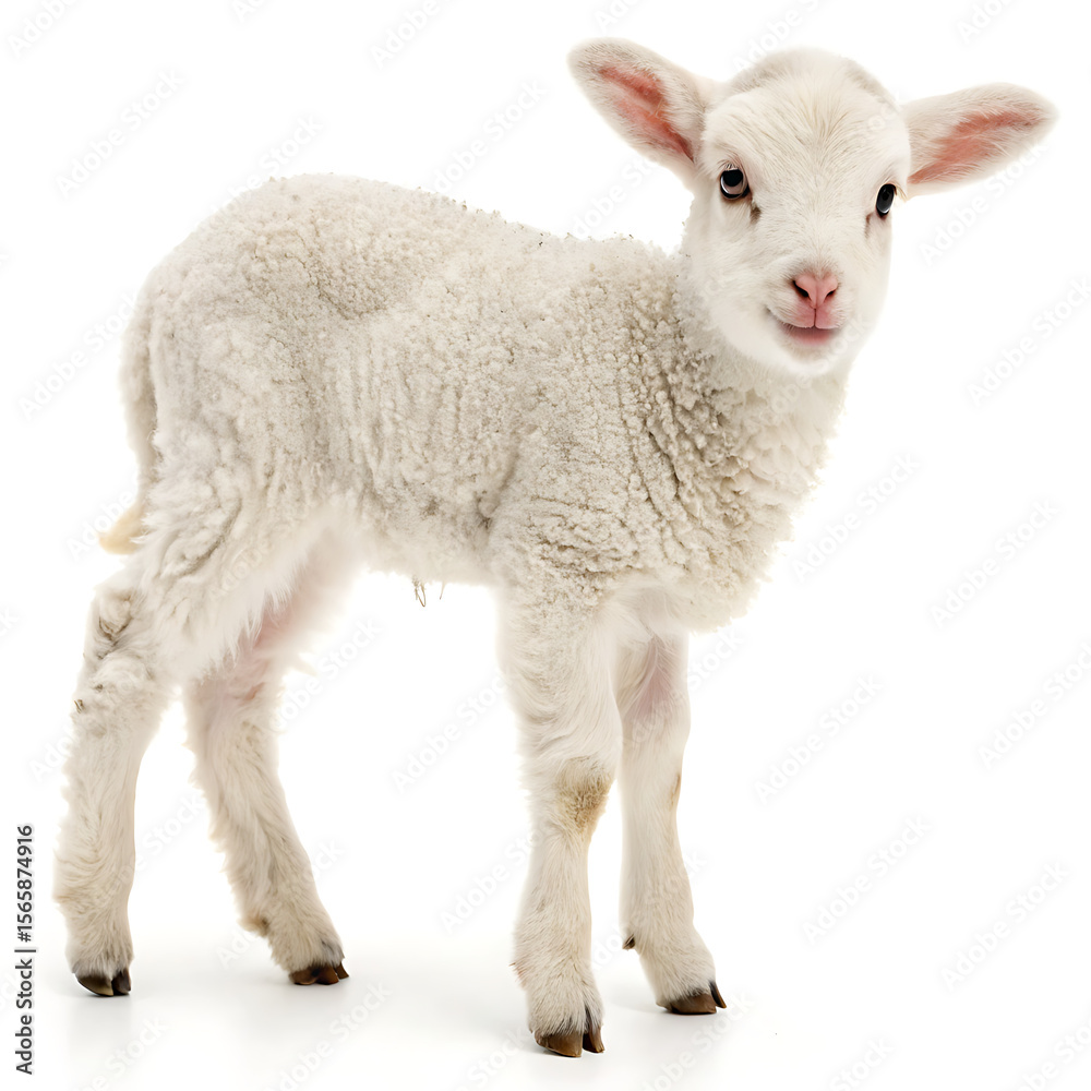 Fototapeta premium A fluffy white lamb standing on a white surface looking forward with its ears perked up and alertly