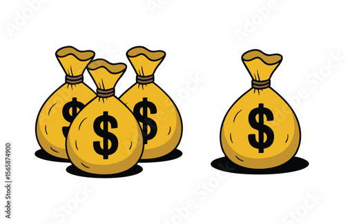 Illustration of Three Money Bags Together and One Alone, All Featuring Dollar Signs