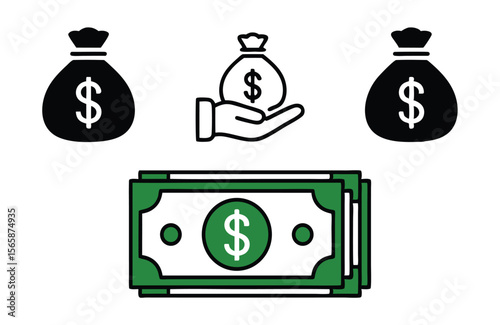 Money Bags and Stacked Green Dollar Bills Finance, Wealth, and Currency Icons Isolated