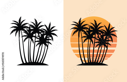 Palm Tree Silhouette Tropical Island with Sunset and White Background