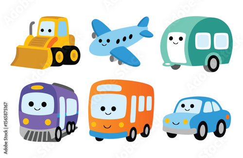 Six Cartoon Transportation Vehicles Bulldozer, Airplane, Camper, Train, Bus and Car Isolated on White
