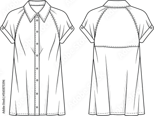 Short sleeve shirt dress flat sketch with button front and collar, raglan sleeve design, vector technical cad fashion illustration