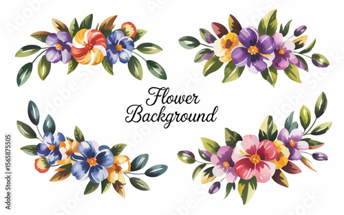 Watercolor Flower Arrangements with Purple, Red, and Yellow Blooms Isolated on a White Background