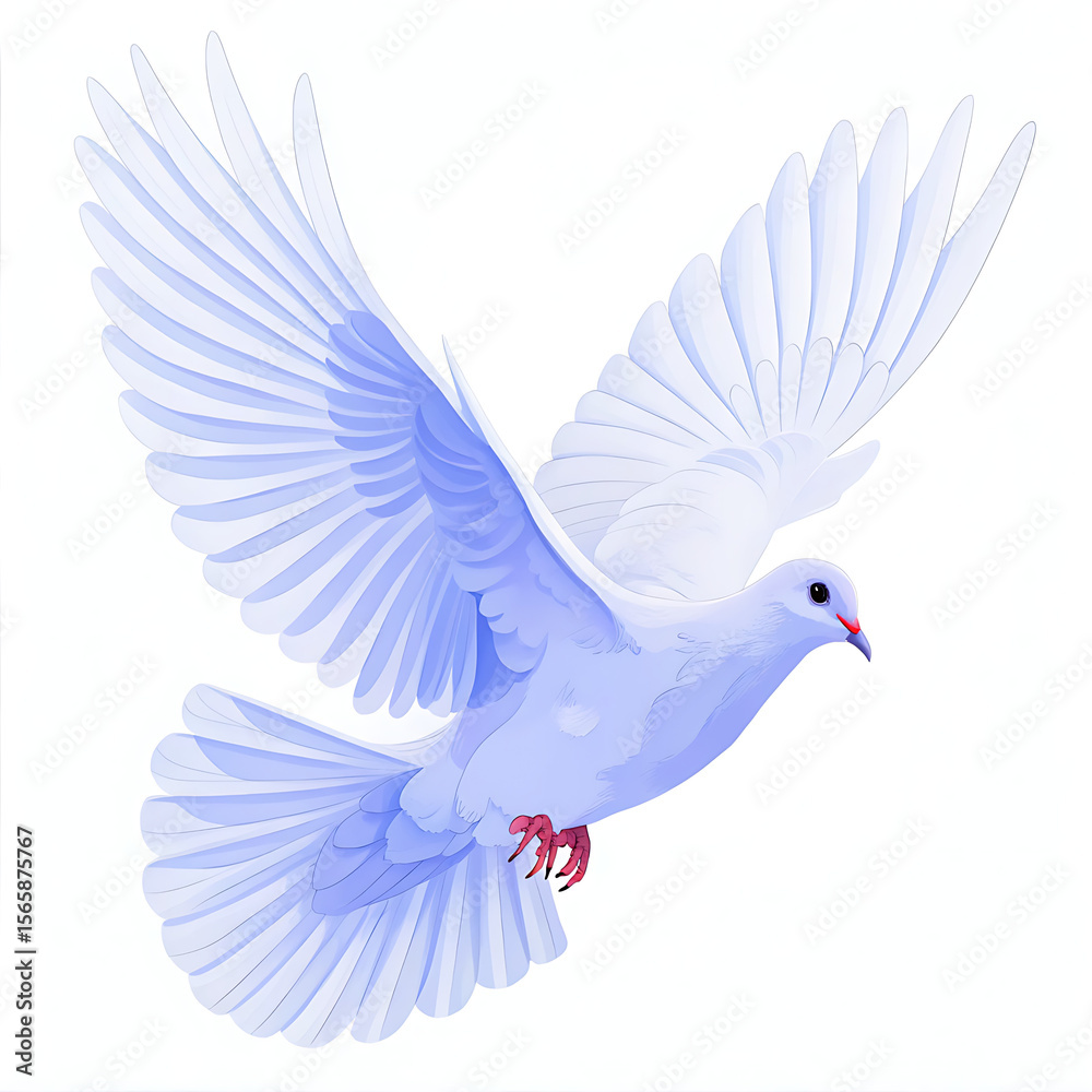 Obraz premium Illustration of a white dove in flight with wings spread against a plain white background image art