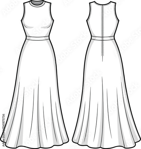 Sleeveless long dress flat sketch with fitted waist, front and back view, elegant gown fashion design, vector cad illustration