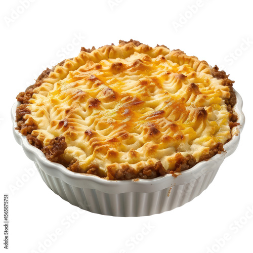 A delicious-looking shepherd's pie with a golden-brown crust and a creamy, cheesy filling in a white ceramic dish.