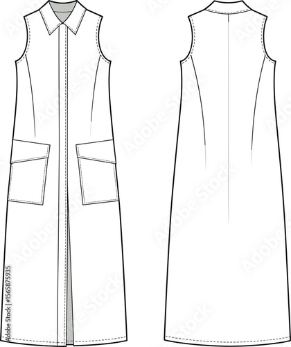 Sleeveless shirt collar long dress technical fashion flat sketch with front pockets, vector CAD drawing front and back design