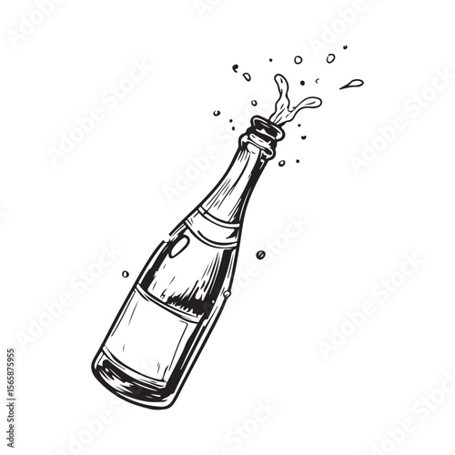 champagne bottle silhouette, champagne bottle vector, Bottle Illustration Graphic Design Element for Celebration, Elegant black and white illustration of a champagne bottle popping with stars 