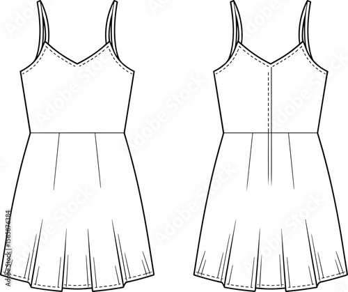 Sleeveless summer mini dress vector template, fashion cad drawing, spaghetti strap style, female clothing flat sketch, technical illustration