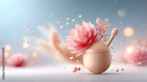 Textured Powder Product Organic Art Smear concept. Loose setting powder with soft dust cloud, pink flower and brush in dreamy pastel background