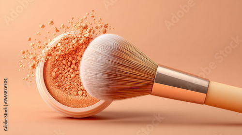 Textured Powder Product Organic Art Smear concept. Soft powder burst from makeup brush in motion, peach tone beauty concept background