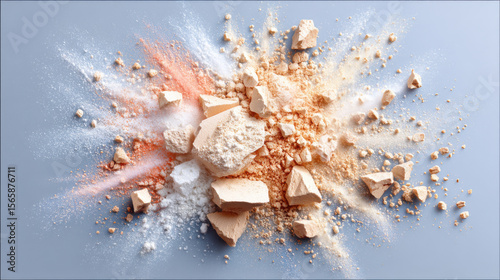 Textured Powder Product Organic Art Smear concept. Powder explosion with crushed makeup on soft background, vibrant and dynamic beauty concept