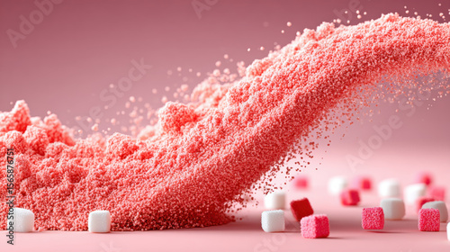 Textured Powder Product Organic Art Smear concept. Soft flying powder swirl with pink and white sugar cubes pastel background, clean minimalist
