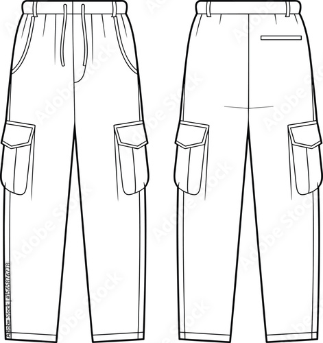 Technical fashion flat sketch, cargo jogger pants with drawstring waist, side flap pockets, back welt pocket, vector illustration design