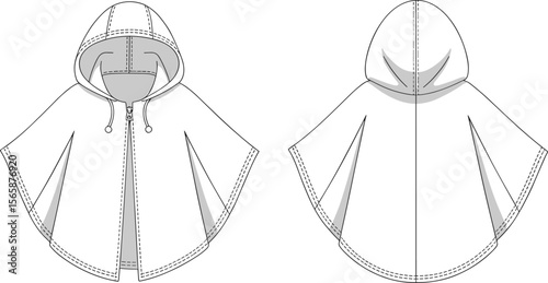 Technical flat sketch hooded cape poncho with zipper and drawstring, vector fashion illustration for outerwear, front and back design layout