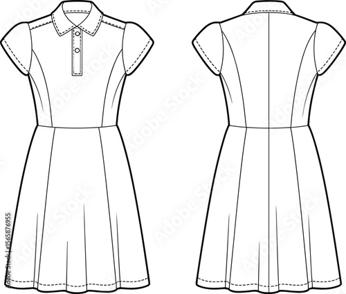Technical flat sketch of short sleeve polo dress with collar, front button detail, fashion vector outline for apparel design use