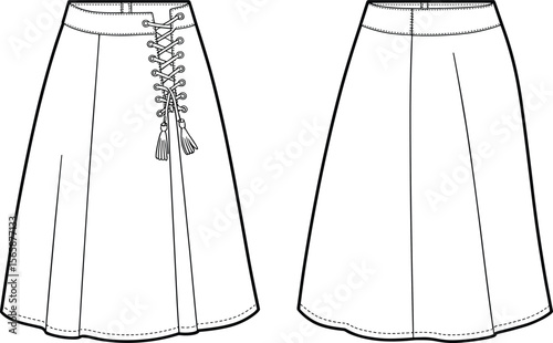 Technical flat sketch of women’s lace-up front midi skirt with waistband and flared hem, detailed vector for fashion design